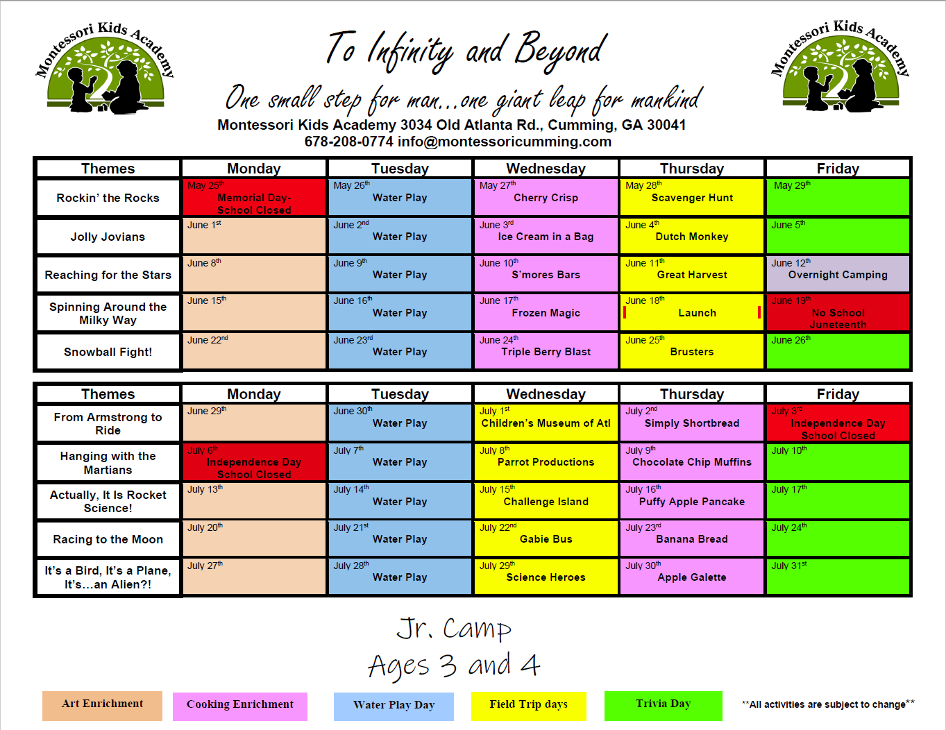 JR Camp Calendar 2026