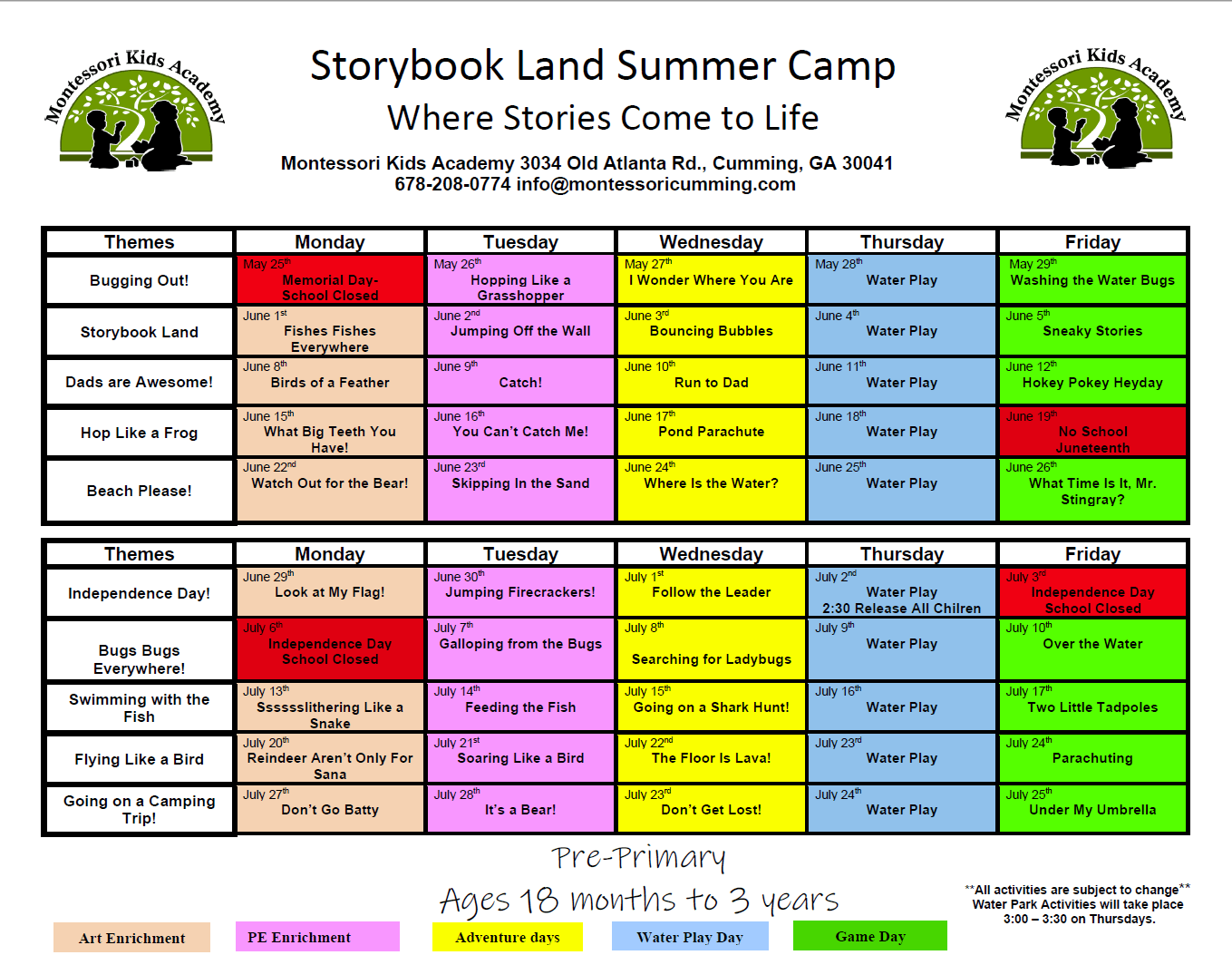 Pre Primary Camp Calendar